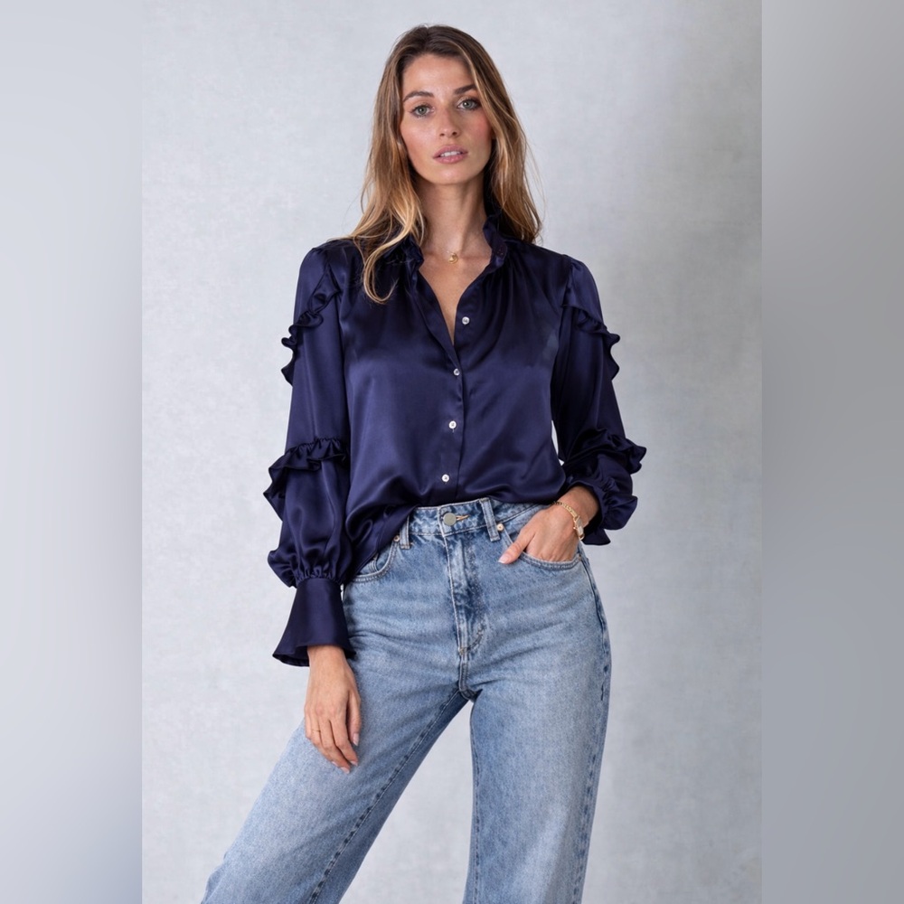 Bailey 44 Navy Satin Ruffle Sleeve Blouse – Button Down | Size S